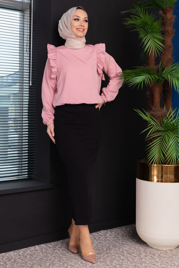 Düz Bisiklet Yaka Kadın Pembe Bluz - 3953 PEMBE