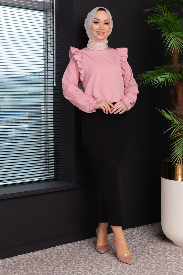 Düz Bisiklet Yaka Kadın Pembe Bluz - 3953 PEMBE