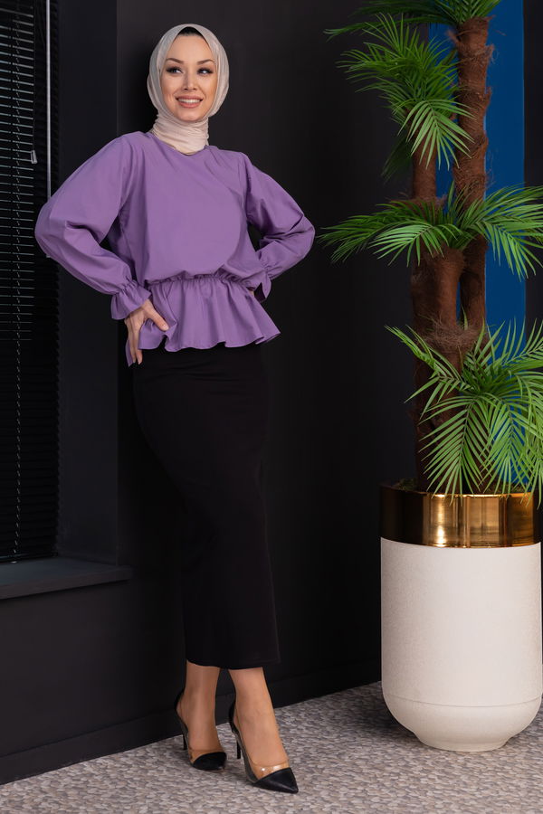 Düz Bisiklet Yaka Kadın Mor Bluz - 3959