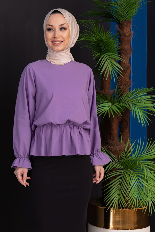 Düz Bisiklet Yaka Kadın Mor Bluz - 3959