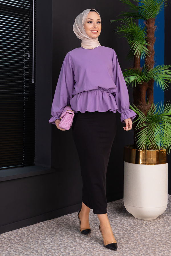 Düz Bisiklet Yaka Kadın Mor Bluz - 3959