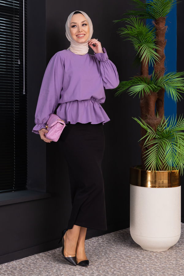 Düz Bisiklet Yaka Kadın Mor Bluz - 3959