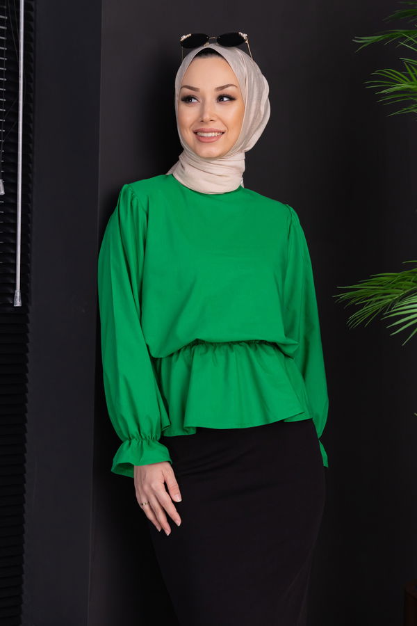 Düz Bisiklet Yaka Kadın Yeşil Bluz - 3959