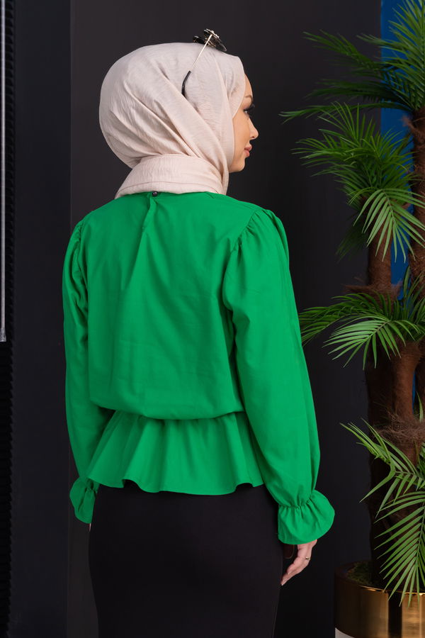 Düz Bisiklet Yaka Kadın Yeşil Bluz - 3959