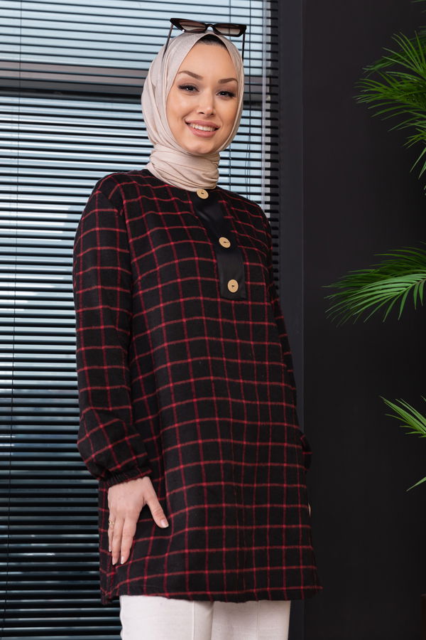 Düz Bisiklet Yaka Kadın Bordo Tunik - 3997