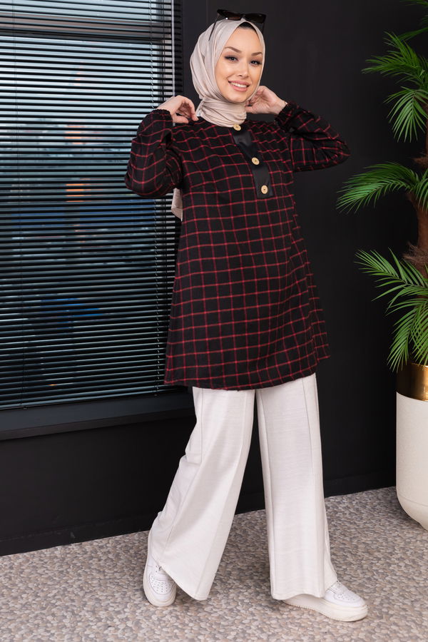 Düz Bisiklet Yaka Kadın Bordo Tunik - 3997