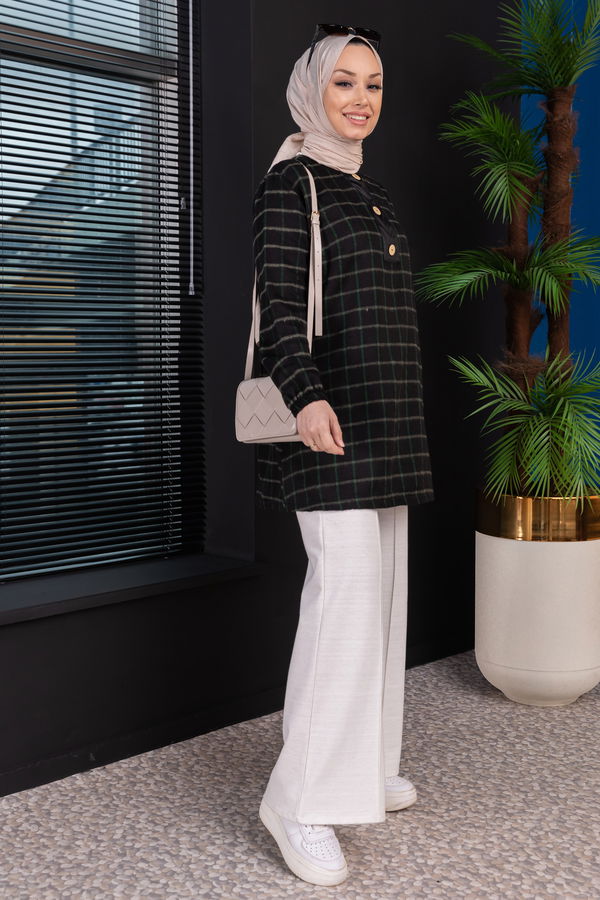 Düz Bisiklet Yaka Kadın Yeşil Tunik - 3997 YEŞİL