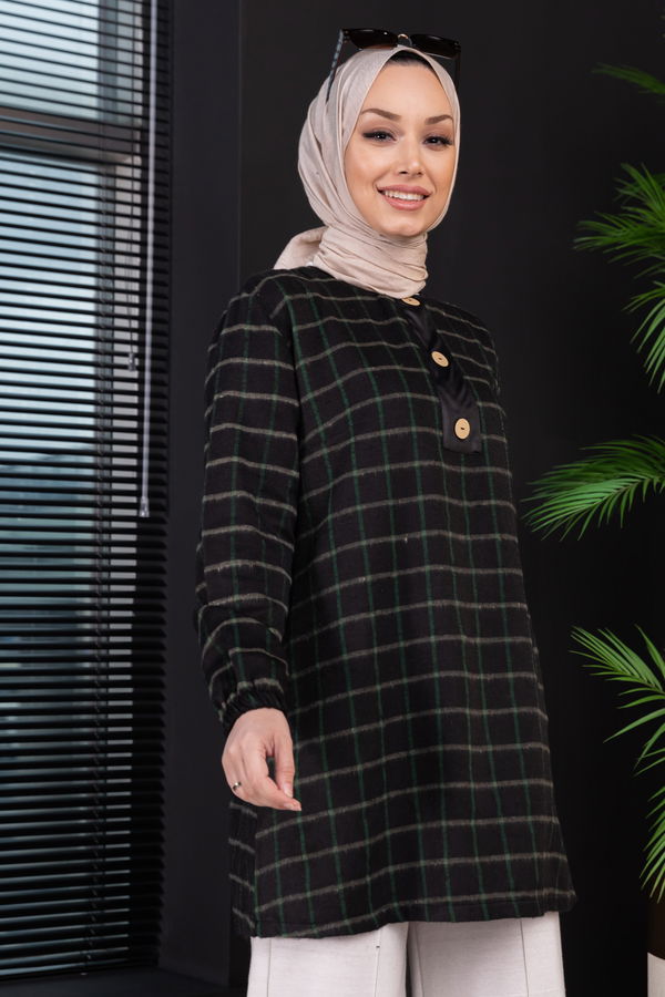 Düz Bisiklet Yaka Kadın Yeşil Tunik - 3997 YEŞİL