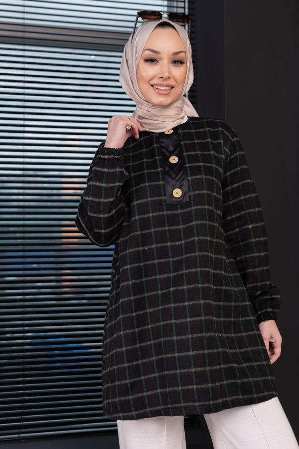 Düz Bisiklet Yaka Kadın Yeşil Tunik - 3997 YEŞİL