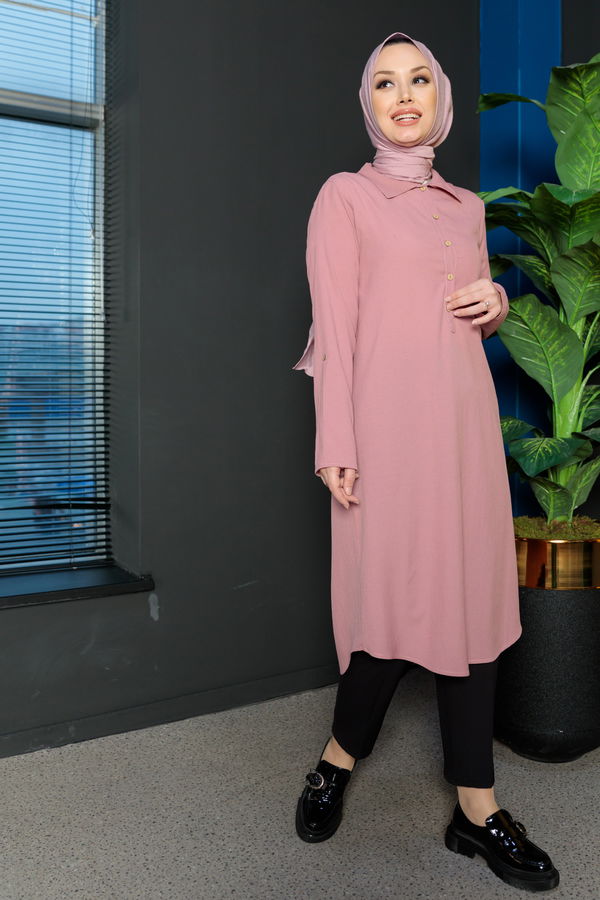 Düz Gömlek Yaka Kadın Pembe Tunik - 3510