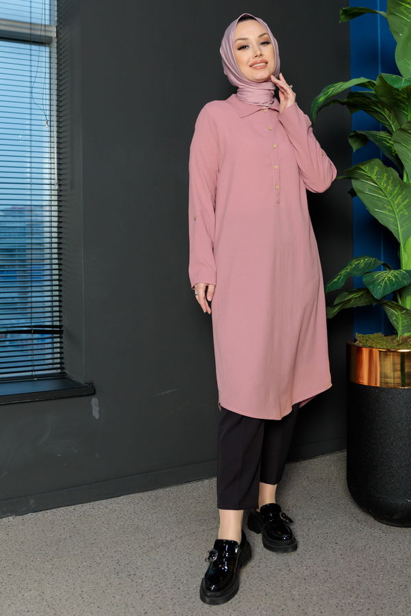 Düz Gömlek Yaka Kadın Pembe Tunik - 3510