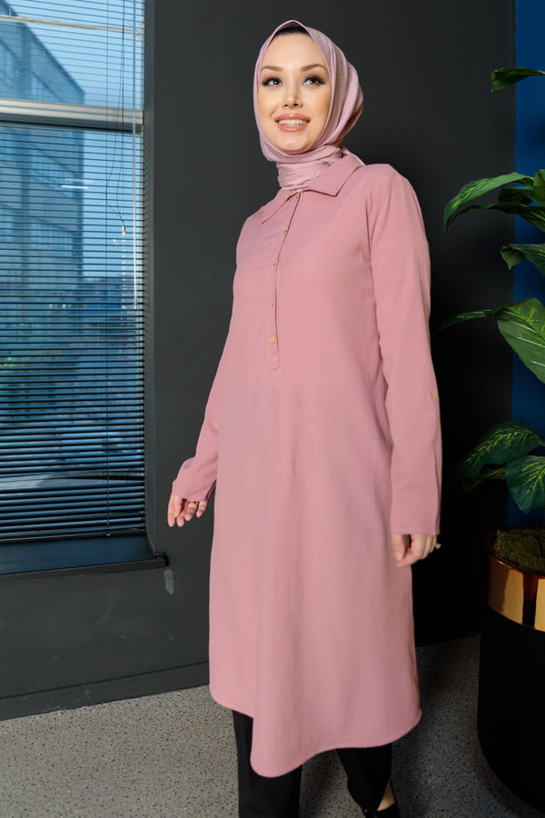 Düz Gömlek Yaka Kadın Pembe Tunik - 3510