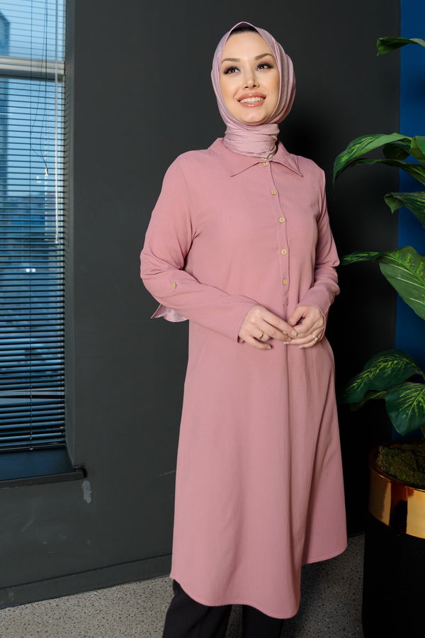 Düz Gömlek Yaka Kadın Pembe Tunik - 3510