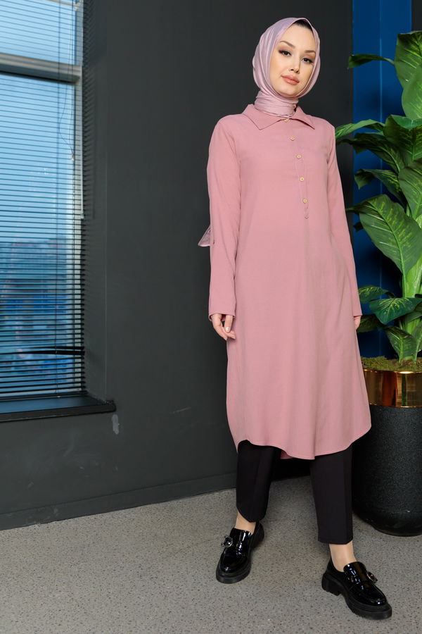 Düz Gömlek Yaka Kadın Pembe Tunik - 3510