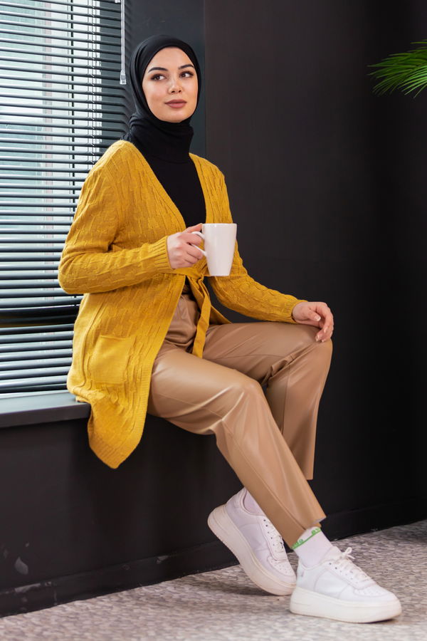 Düz Orta Kadın Sarı Hırka - 20863