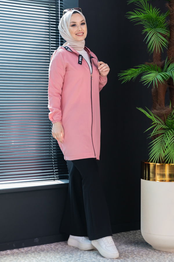 Düz Kapsonlu Yaka Kadın Pembe Fermuarlı Hırka - 3038