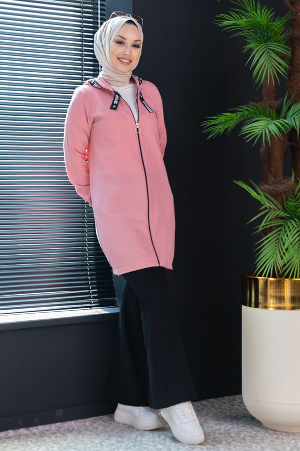 Düz Kapsonlu Yaka Kadın Pembe Fermuarlı Hırka - 3038