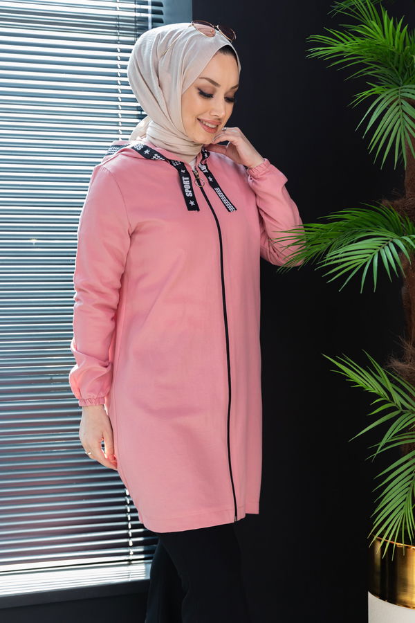 Düz Kapsonlu Yaka Kadın Pembe Fermuarlı Hırka - 3038