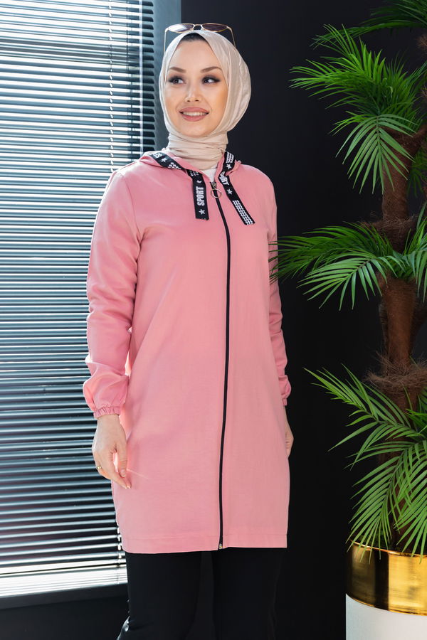 Düz Kapsonlu Yaka Kadın Pembe Fermuarlı Hırka - 3038