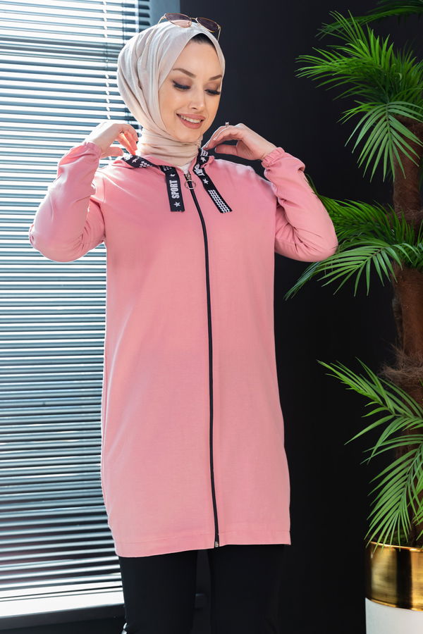 Düz Kapsonlu Yaka Kadın Pembe Fermuarlı Hırka - 3038