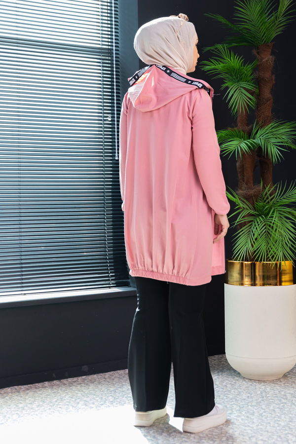 Düz Kapsonlu Yaka Kadın Pembe Fermuarlı Hırka - 3038