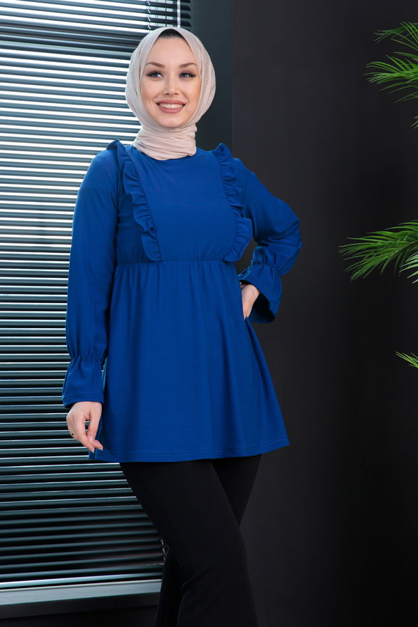 Düz Bisiklet Yaka Kadın Mavi TUNIK - 3304 MAVİ