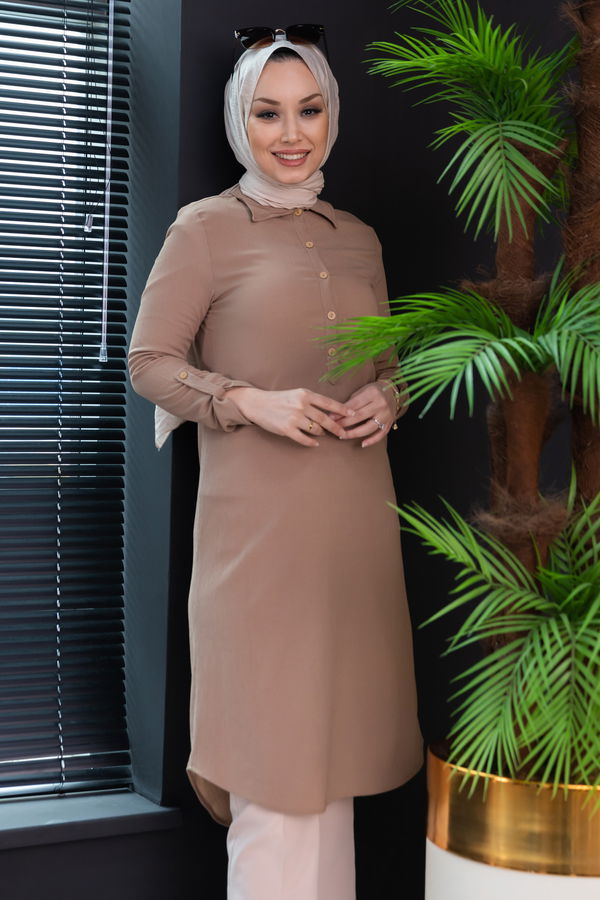 Düz Gömlek Yaka Kadın Bej Tunik - 3510 BEJ