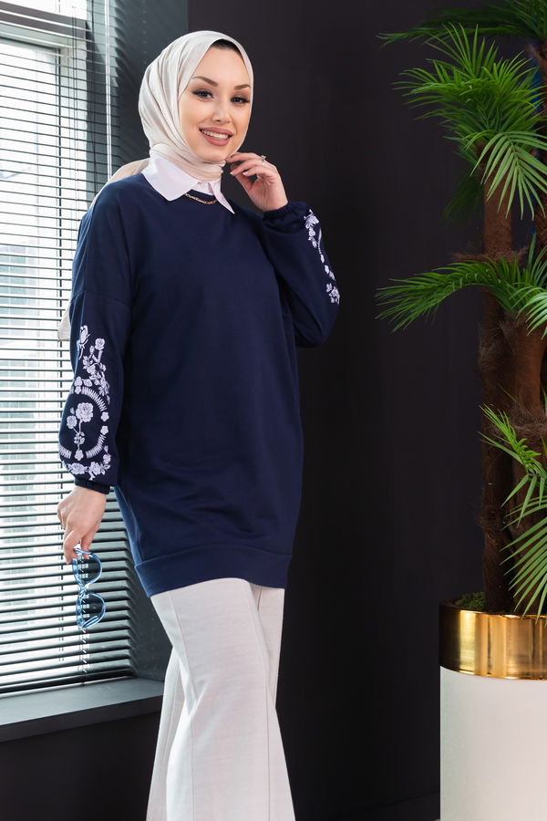 Düz Bisiklet Yaka Kadın Lacivert TUNIK - 3357 LACİVERT