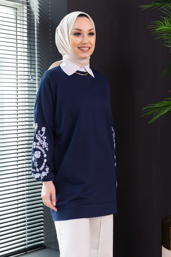 Düz Bisiklet Yaka Kadın Lacivert TUNIK - 3357 LACİVERT