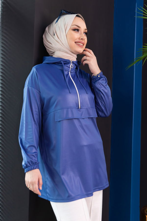 Düz Orta Kadın Mavi Kapsonlu Tunık SAKS - 3409 - 3409 MAVİ