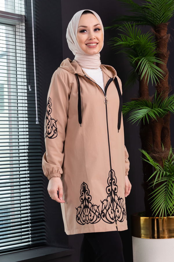 Düz Orta Kadın Bej Baskılı Tunik - 3729 BEJ