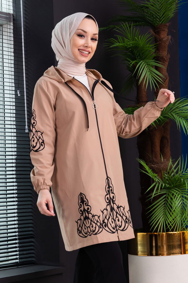 Düz Orta Kadın Bej Baskılı Tunik - 3729 BEJ