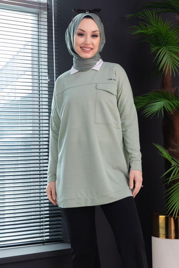Düz Bisiklet Yaka Kadın Yeşil Tunik - 3350 YEŞİL