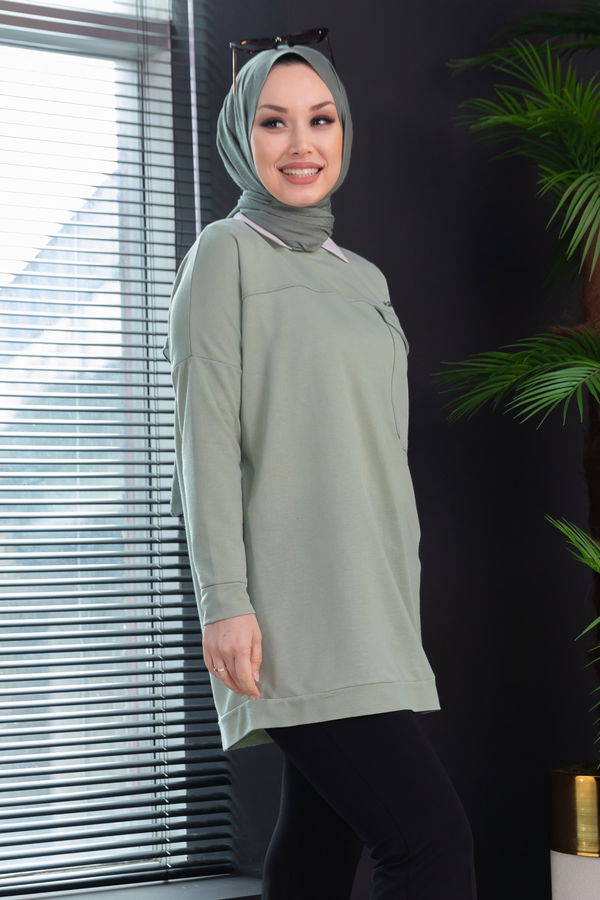Düz Bisiklet Yaka Kadın Yeşil Tunik - 3350 YEŞİL