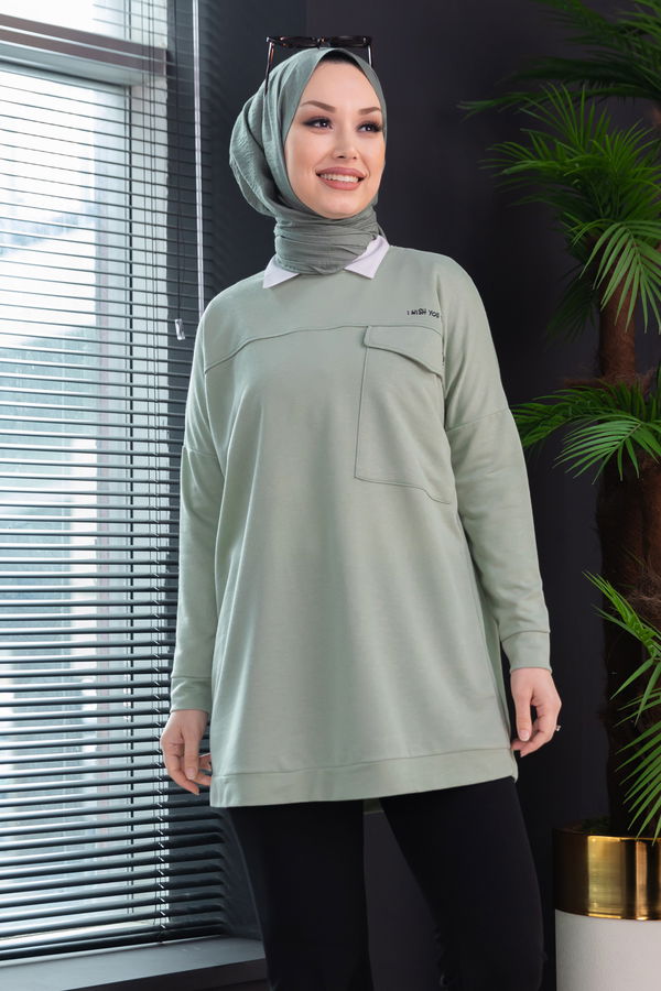 Düz Bisiklet Yaka Kadın Yeşil Tunik - 3350 YEŞİL