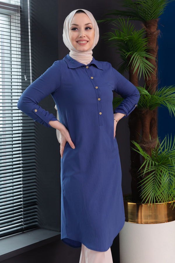Düz Gömlek Yaka Kadın Mavi Tunik - 3510