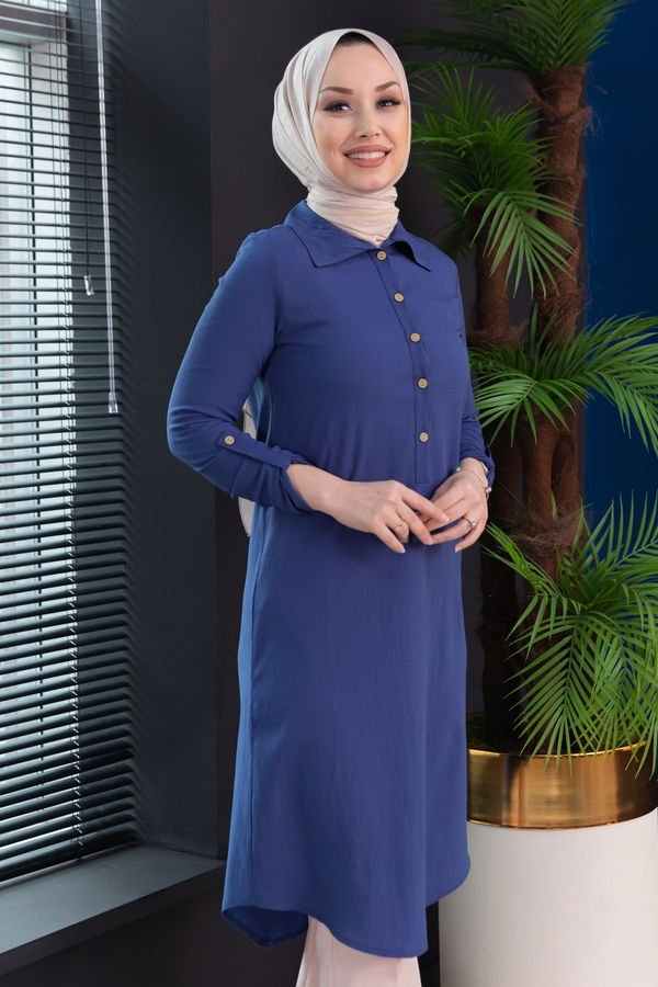 Düz Gömlek Yaka Kadın Mavi Tunik - 3510