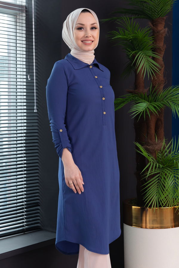 Düz Gömlek Yaka Kadın Mavi Tunik - 3510