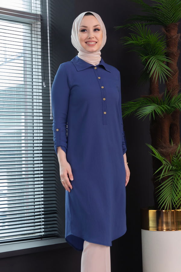 Düz Gömlek Yaka Kadın Mavi Tunik - 3510