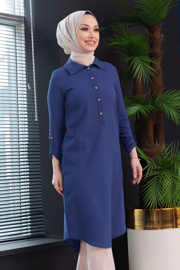Düz Gömlek Yaka Kadın Mavi Tunik - 3510