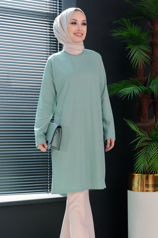 Düz Bisiklet Yaka Kadın Yeşil TUNIK - 3514