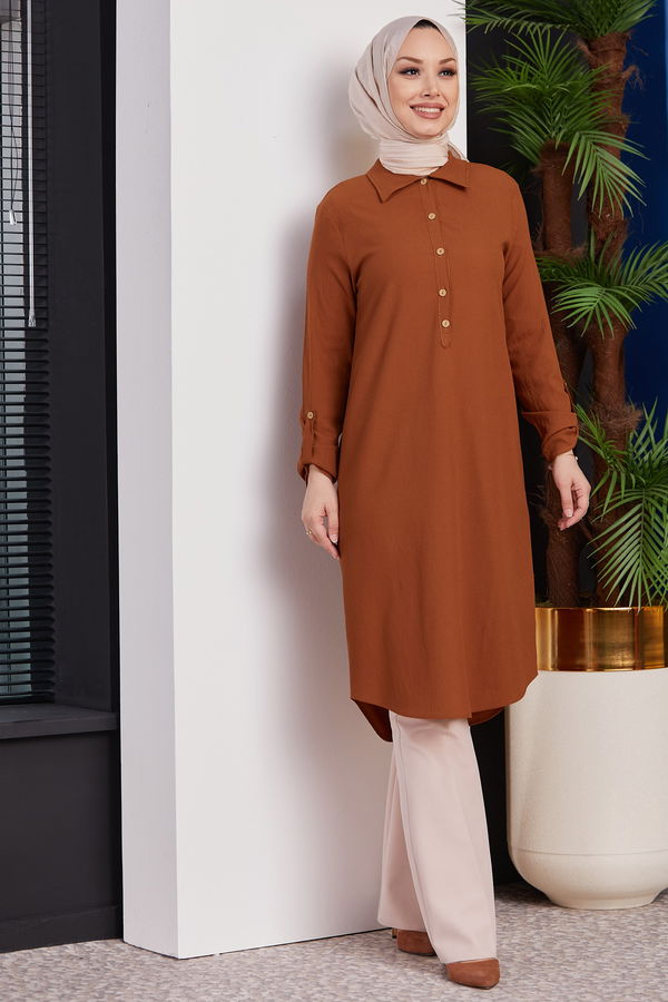 Düz Gömlek Yaka Kadın Taba Tunik - 3510 TABA