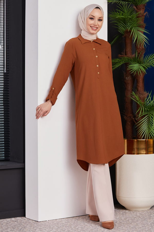 Düz Gömlek Yaka Kadın Taba Tunik - 3510 TABA