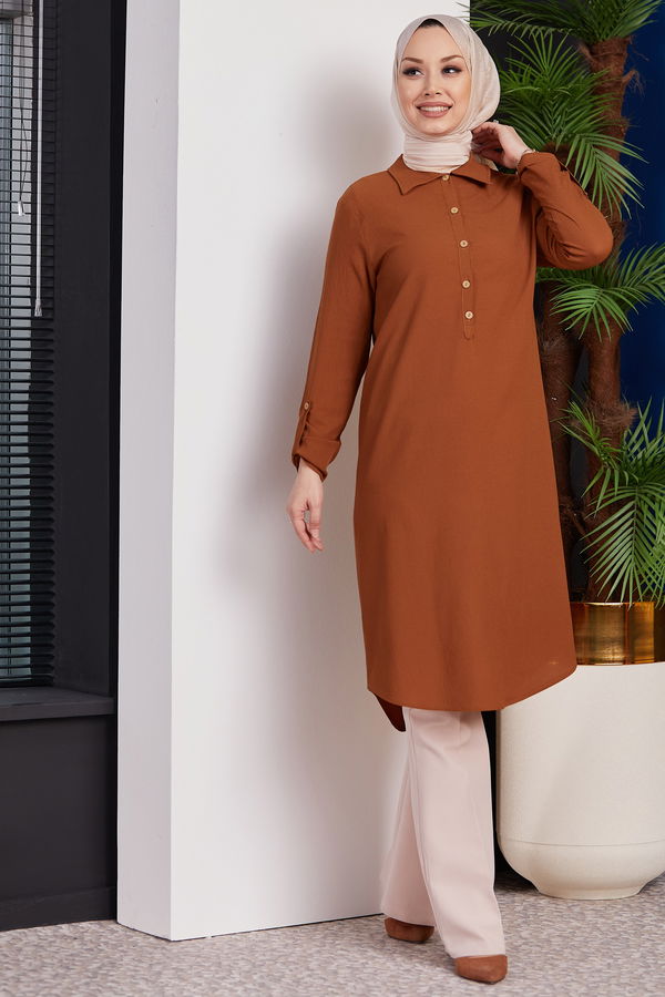 Düz Gömlek Yaka Kadın Taba Tunik - 3510 TABA