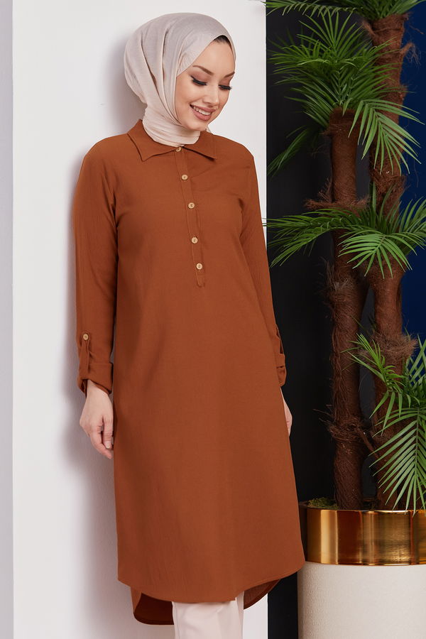 Düz Gömlek Yaka Kadın Taba Tunik - 3510 TABA