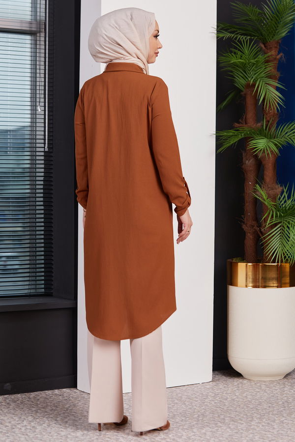 Düz Gömlek Yaka Kadın Taba Tunik - 3510 TABA