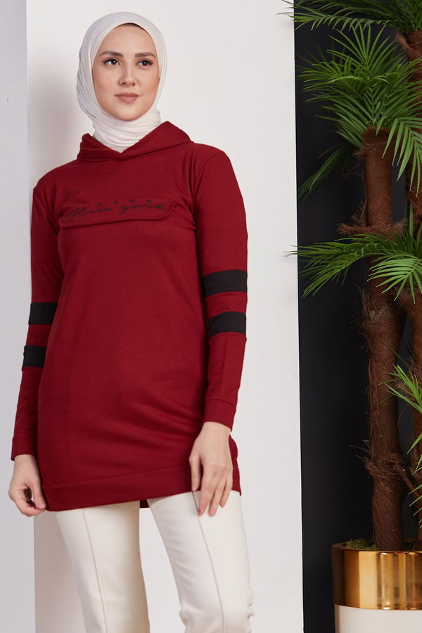 Düz Orta Kadın Bordo Kapşonlu Tunik Haki  - 7850 BORDO