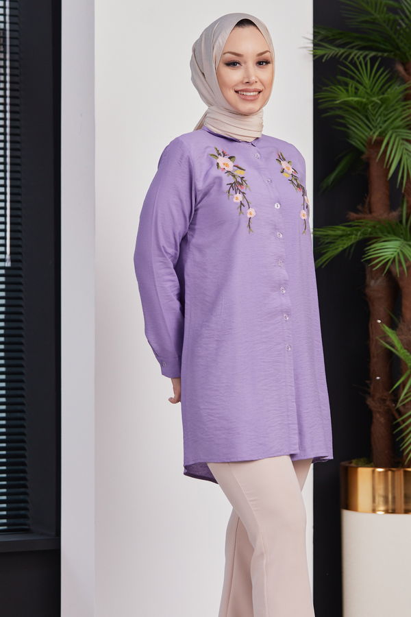 Düz Gömlek Yaka Kadın Lila Nakışlı Tunik - 3550 LİLA