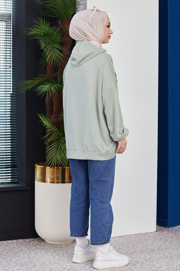 Düz Kapsonlu Yaka Kadın Yeşil Sweat - 10753 YEŞİL
