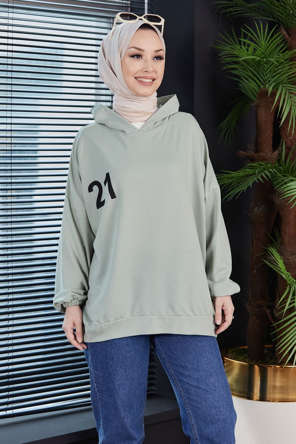 Düz Kapsonlu Yaka Kadın Yeşil Sweat - 10753 YEŞİL